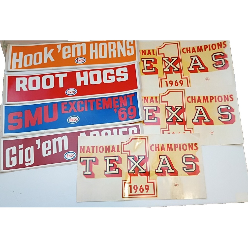 RARE Lot Vintage ENCO College Football Bumper Stickers 1969 Longhorns Texas Tech